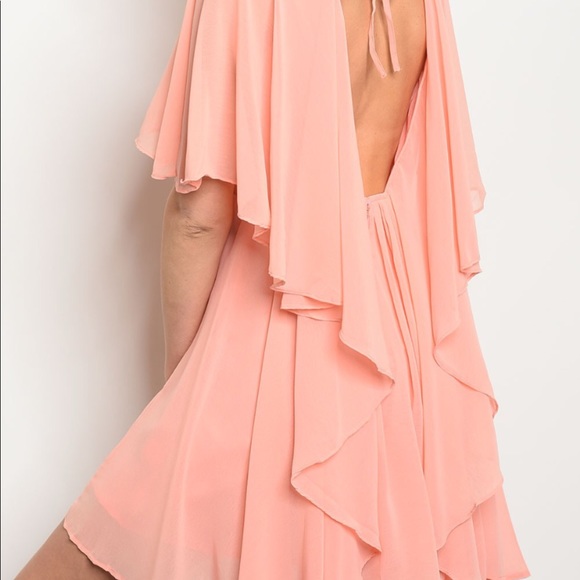 ❌DONATED❌Peach Chiffon Overlay Ruffled Empire Waist Lined Dress - Picture 3 of 7